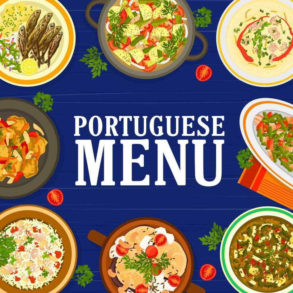 Portugees keuken voedsel menu maaltijden en gerechten vector