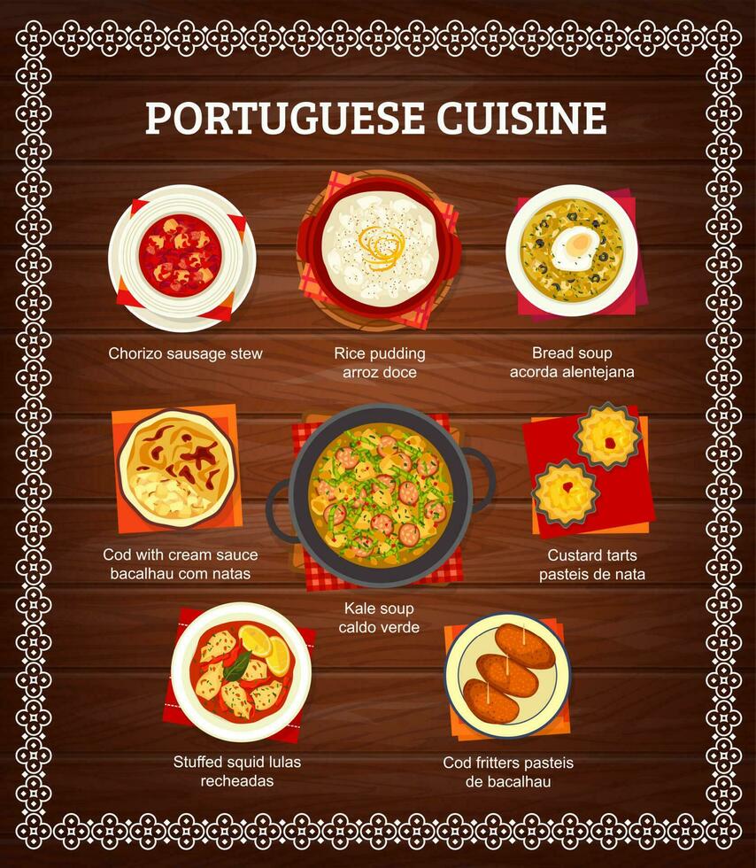 Portugees voedsel menu omslag, Portugal keuken maaltijden vector