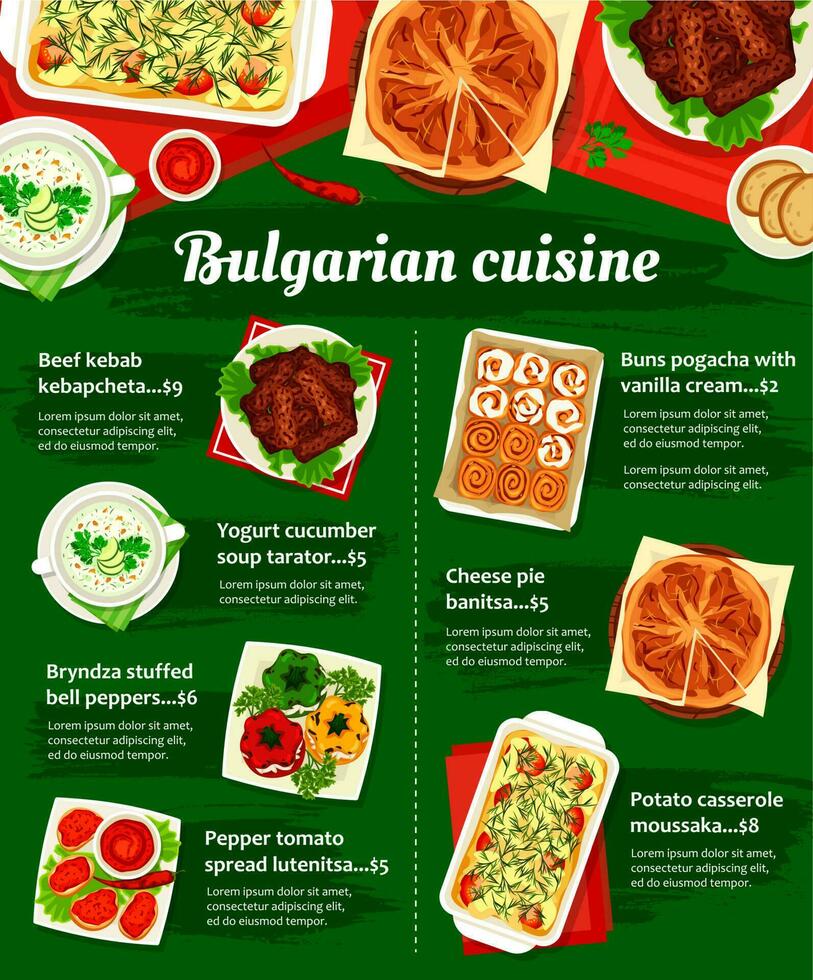 Bulgaars keuken vector menu sjabloon, voedsel maaltijden