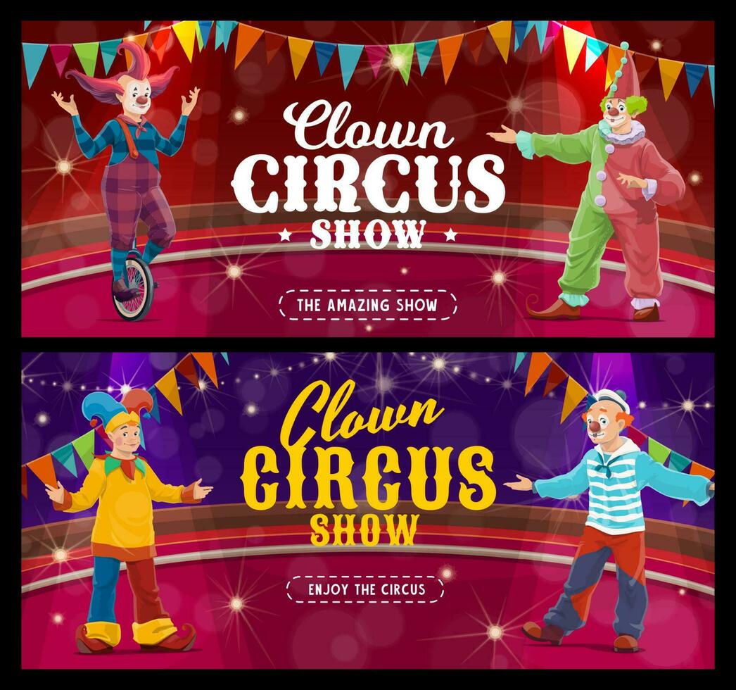 shapito circus tekenfilm clowns en narren banners vector