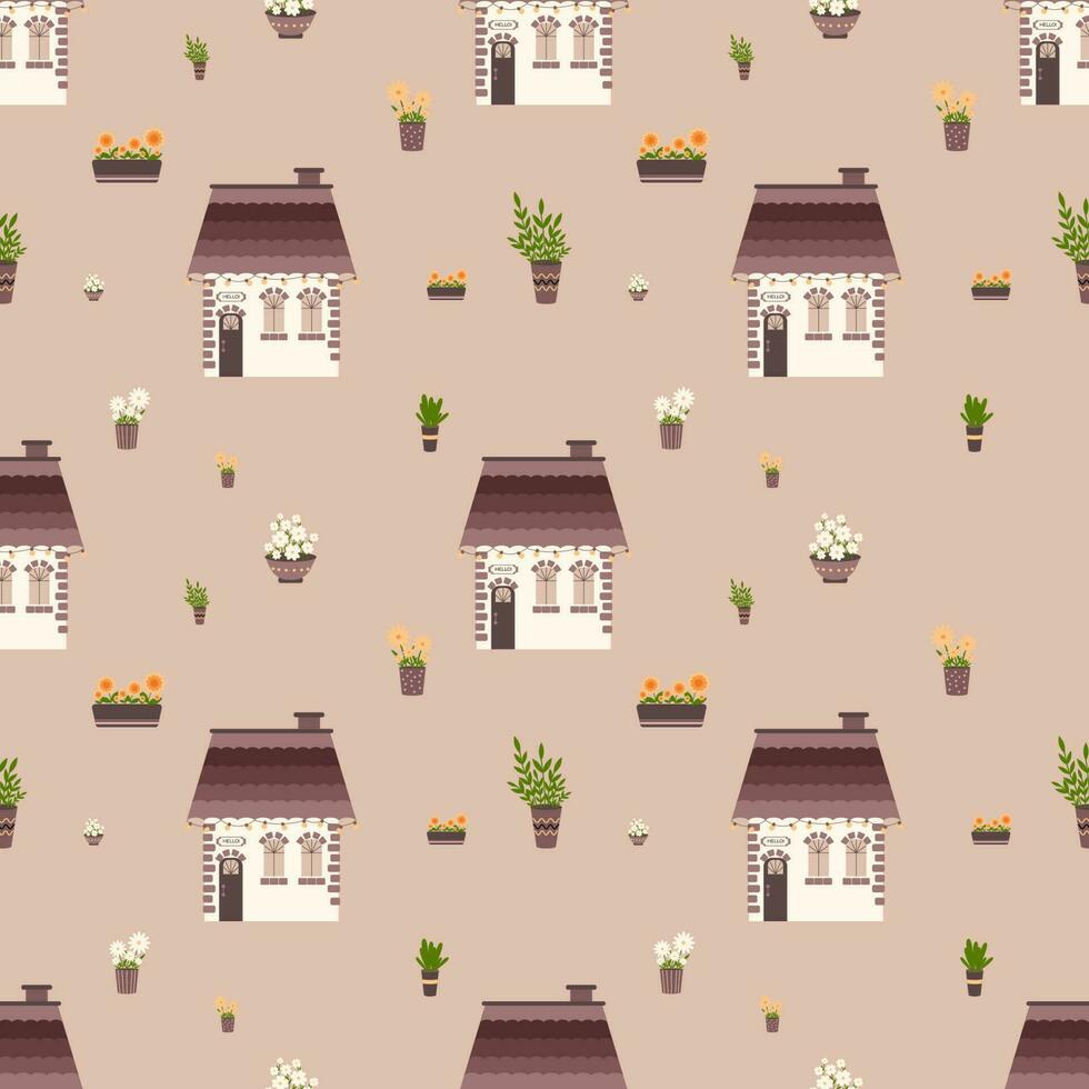 schattig huis met lichten en bloemen in potten naadloos vector patroon. zoet huis of Welkom huis concept.