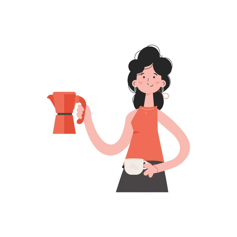 een vrouw is tot je middel in haar handen Holding een kop en een koffie pot. geïsoleerd. element voor presentaties, plaatsen. vector