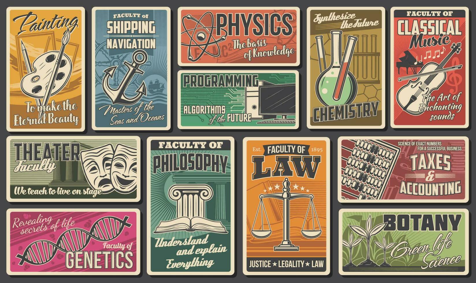 Universiteit, academie faculteiten vector retro banners