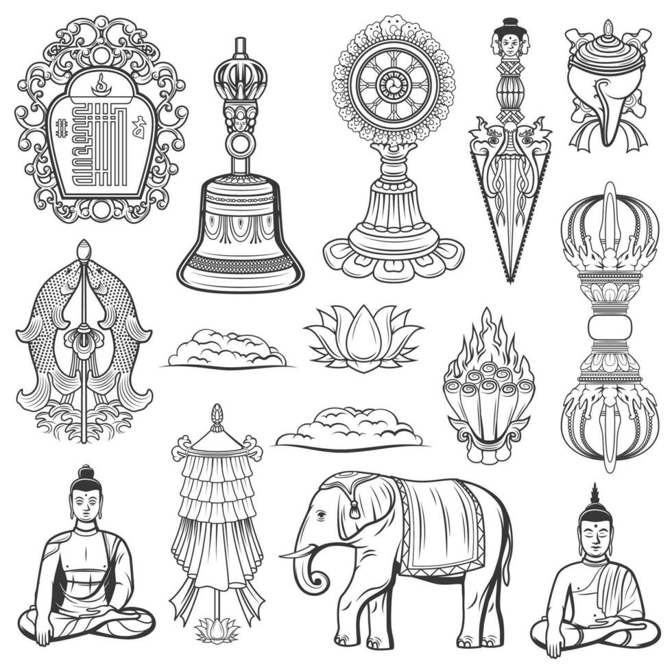 Boeddhisme religie heilig symbolen vector pictogrammen