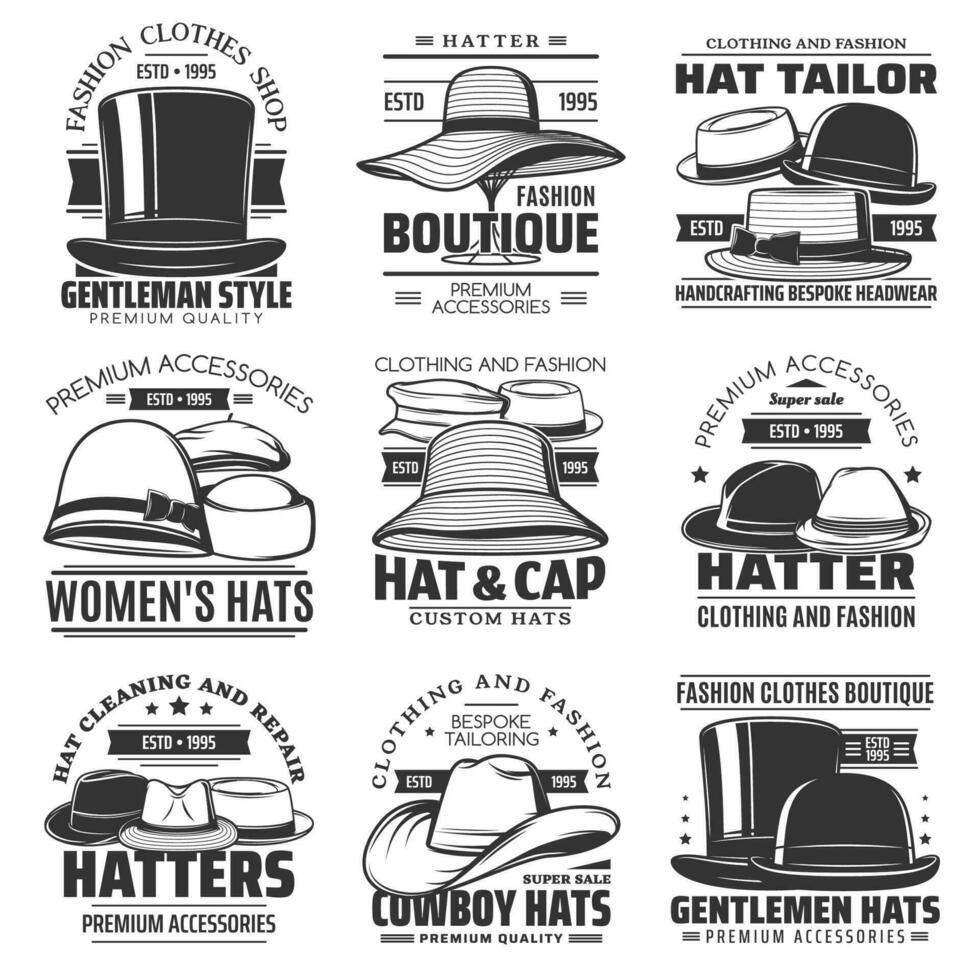 hoedenmaker, hoed kleermaker en cowboy hoed pictogrammen, hoofddeksels vector