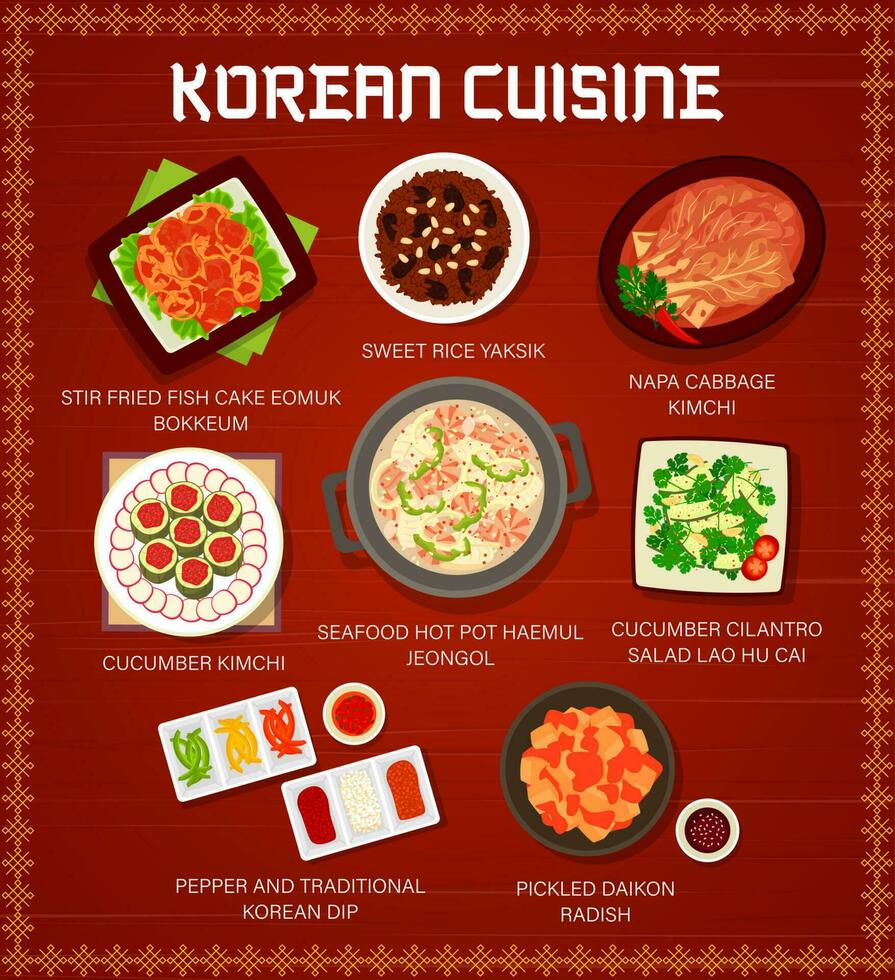 Koreaans keuken voedsel menu, Korea Aziatisch gerechten maaltijden vector