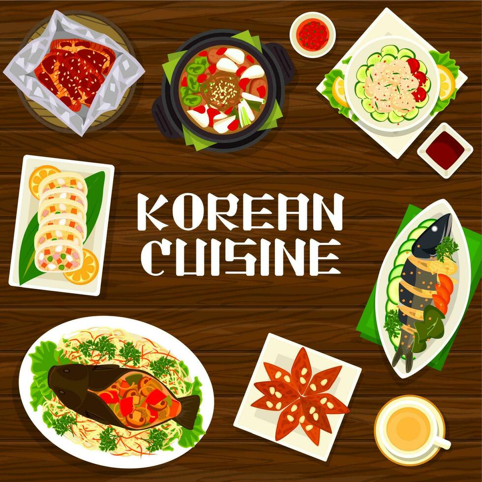 Koreaans keuken menu omslag, Korea Aziatisch voedsel gerechten vector