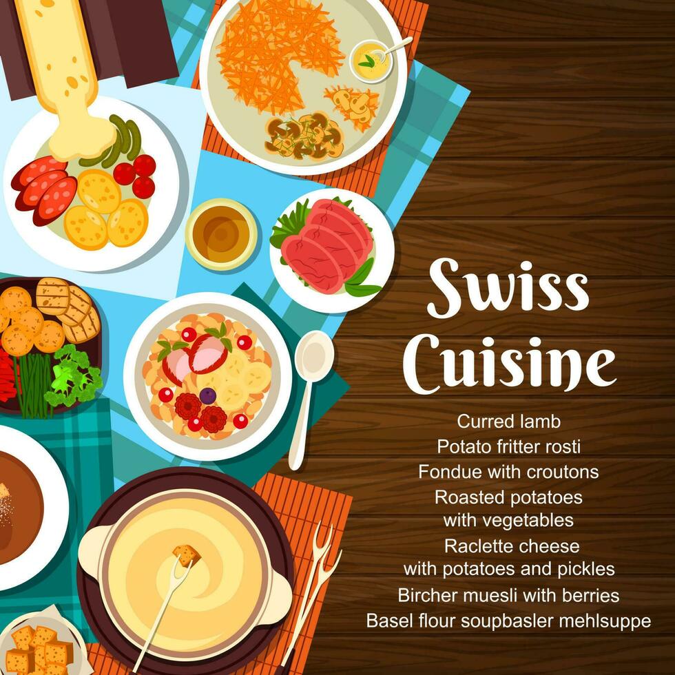 Zwitsers keuken menu omslag, Zwitserland voedsel gerechten vector