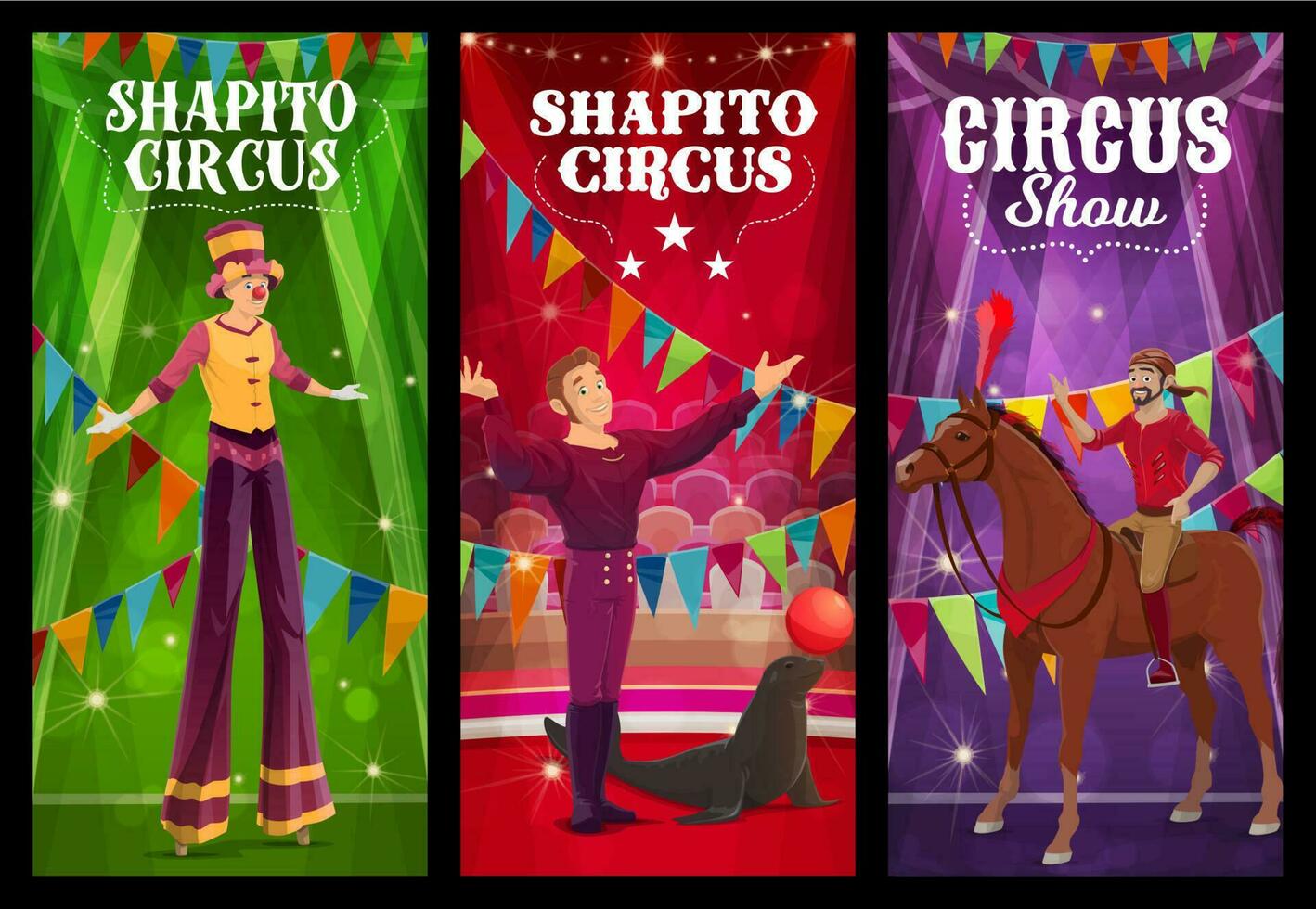 shapito circus zegel trainer, acrobaat, paard rijder vector