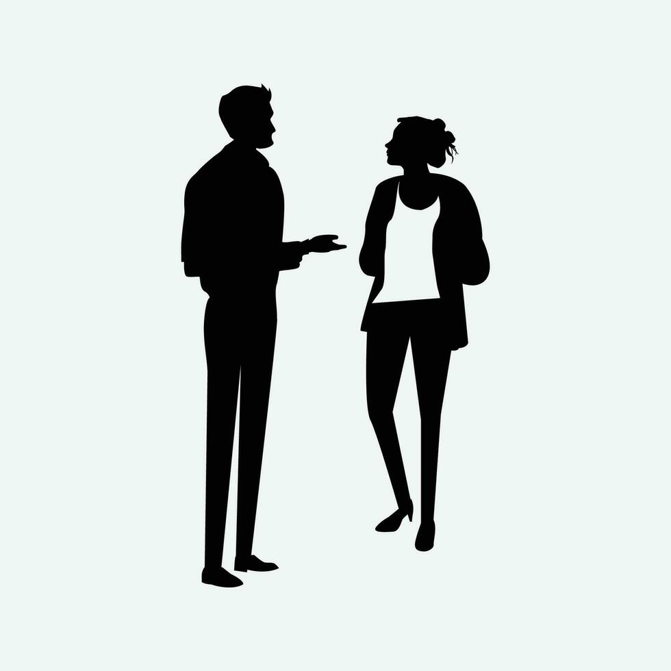 Mens en vrouw staand gesprek silhouetten vector formeel kantoor gesprekspartner en vrouw staand gesprek silhouetten vector formeel kantoor discussie