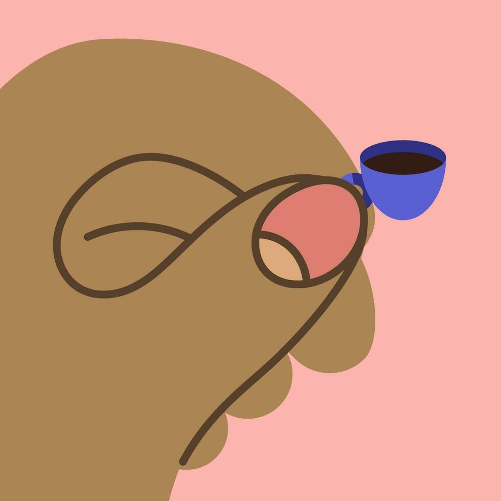 reusachtig handen Holding een klein kop van koffie. reus handen. onderhoud, onderhoud, cafe, rust uit, genot. hand getekend modieus vector illustratie. tekenfilm stijl. Sjablonen voor banier ontwerp, websites