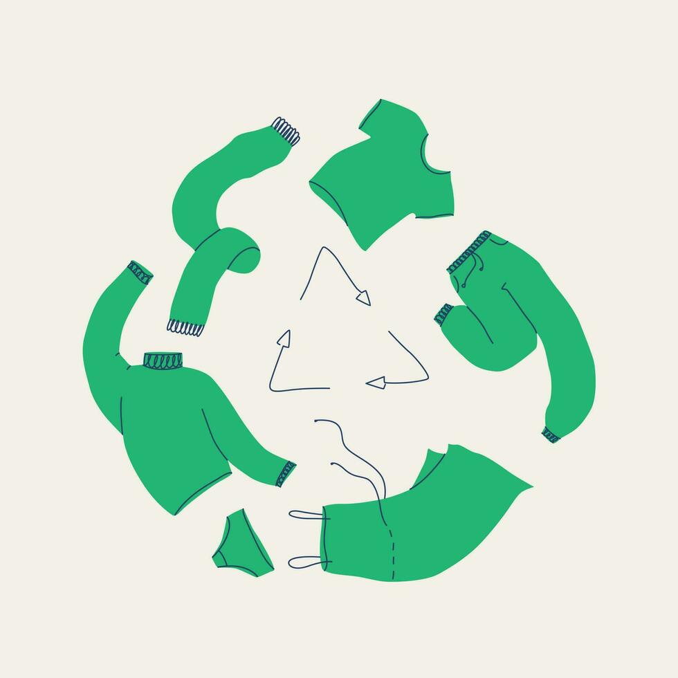 recycling van kleren, textiel. divers slijtage - Mannen en vrouwen zijn cirkelen in de omgeving van de recycling icoon. vector illustratie van de concept van bewust consumptie, hergebruik en bijdrage.