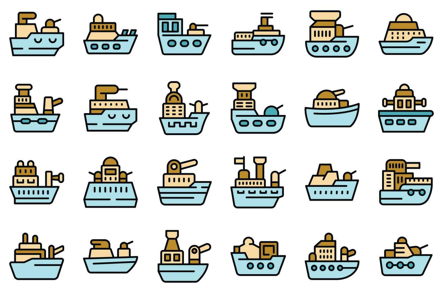 oorlogsschip pictogrammen reeks vector vlak