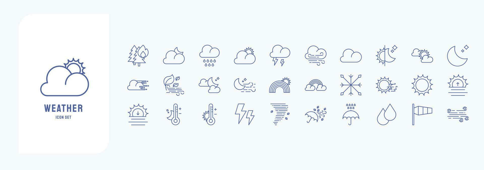 verzameling van pictogrammen verwant naar weer voorspelling, inclusief pictogrammen Leuk vinden donder, regenen, wind, temperatuur en meer vector