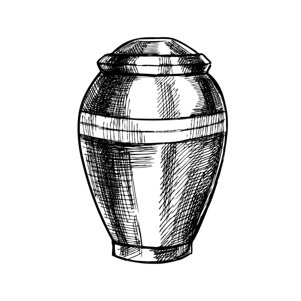 hand- getrokken schetsen van begrafenis urn met as. begrafenis onderhoud vector hand- getrokken ontwerp. schetsen illustratie voor condoleance kaart. laatste afscheid voor dood persoon