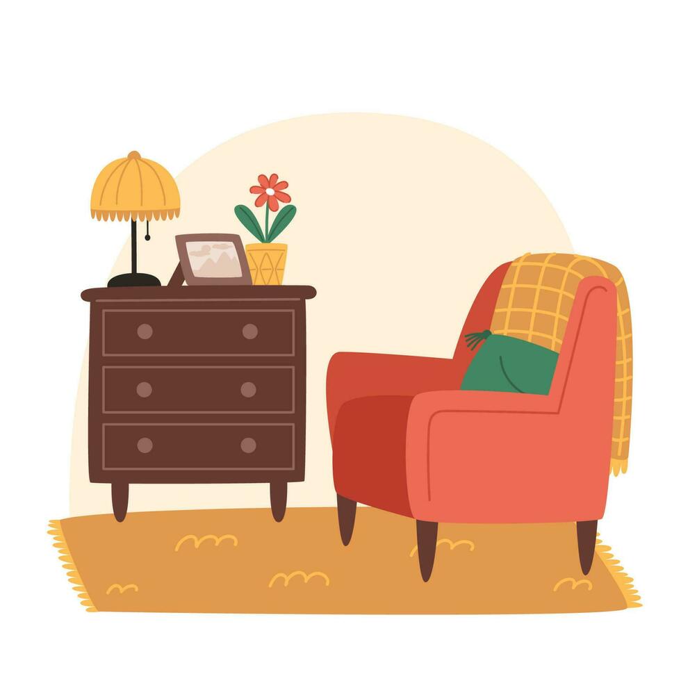 knus leven kamer met fauteuil en ingemaakt planten in vlak stijl vector