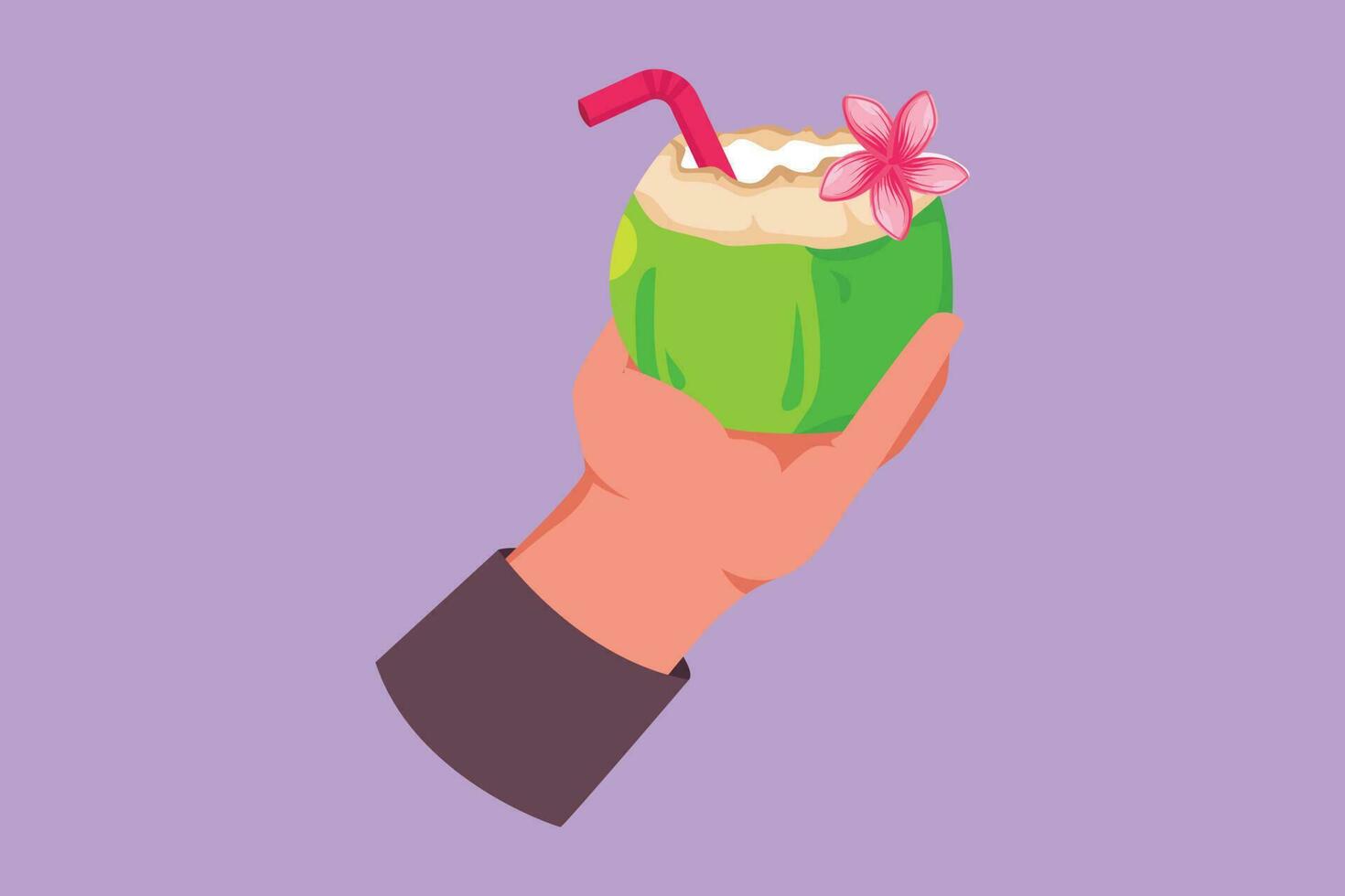 grafisch vlak ontwerp tekening hand- Holding groen kokosnoten met drinken rietje en bloem. verlicht dorst en uitdroging in heet zomer. kokosnoot water voor gezond leven. tekenfilm stijl vector illustratie