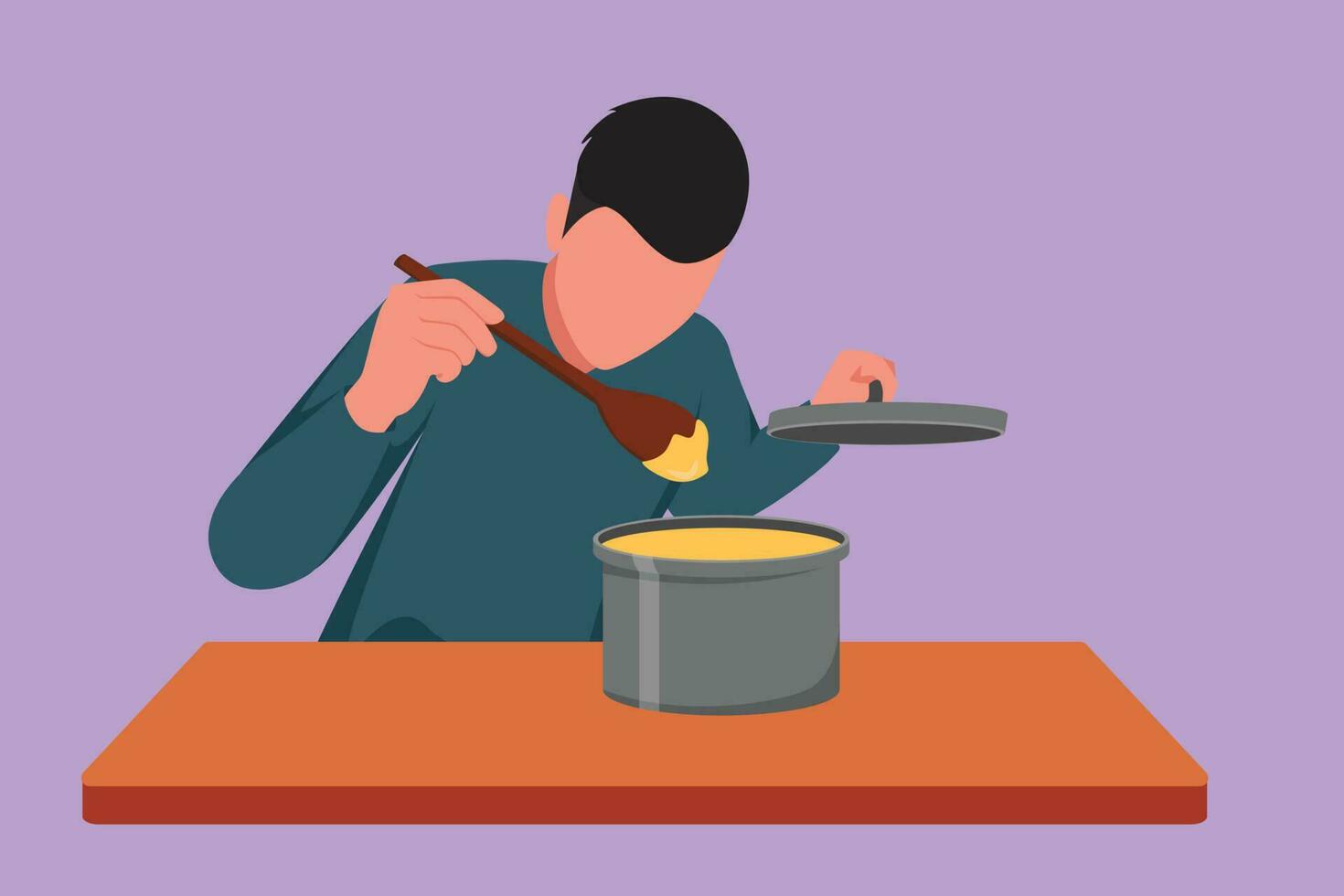 tekenfilm vlak stijl tekening knap man genieten van geur van Koken van pot. jong Mens bereiden voedsel voor familie avondeten Bij keuken. Koken Bij huis. gezond voedsel. grafisch ontwerp vector illustratie