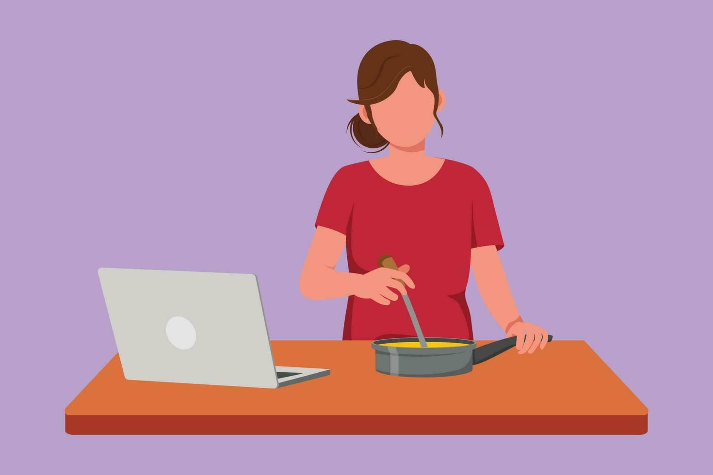 grafisch vlak ontwerp tekening mooi vrouw Koken heerlijk maaltijd voor avondeten en heeft video telefoontje gesprek in keuken. vrouw pratend met vriend gebruik makend van laptop app. tekenfilm stijl vector illustratie