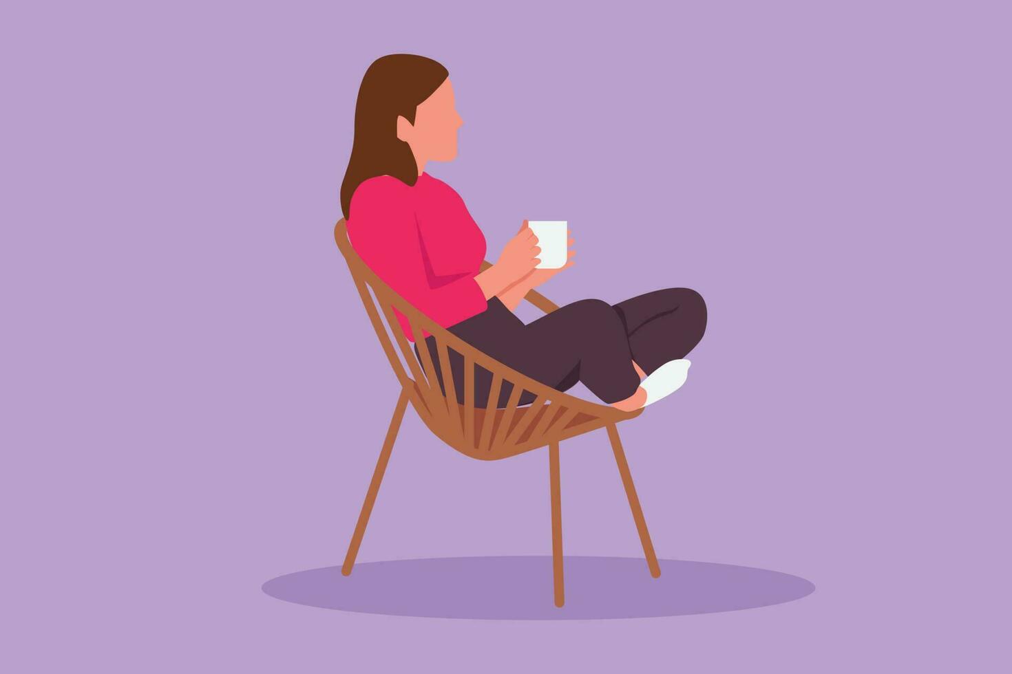 tekenfilm vlak stijl tekening kant visie van ontspannen schoonheid vrouw zittend in lounge stoel, genieten van vrij tijd met heet koffie. thee tijd of nemen breken na kantoor uur. grafisch ontwerp vector illustratie