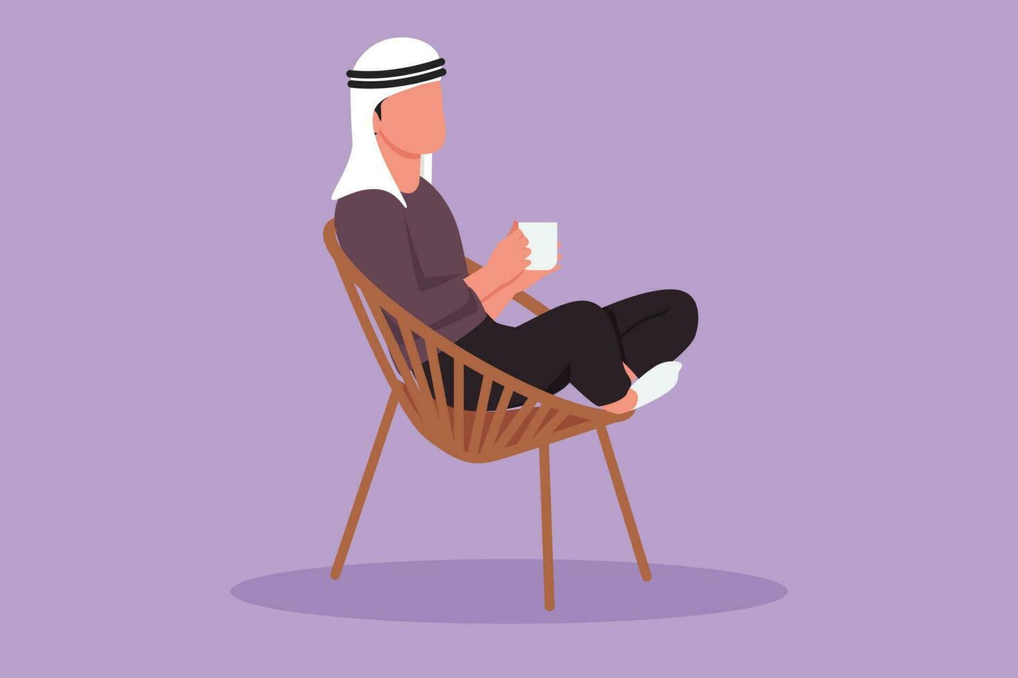 karakter vlak tekening kant visie van ontspannen knap Arabisch vent zittend in lounge stoel, genieten van vrij tijd met heet koffie. thee tijd of nemen breken na kantoor uur. tekenfilm ontwerp vector illustratie