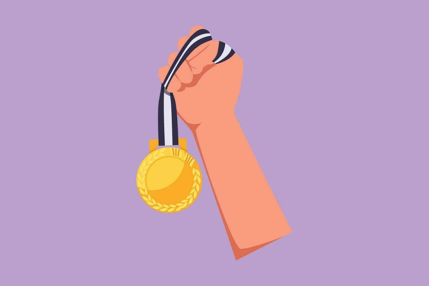 tekenfilm vlak stijl tekening van goud medaille gehouden door een hand. atleet hand- hijs- zege medaille. winnend kampioenschappen, wedstrijden, sport- wedstrijden. het beste prestatie. grafisch ontwerp vector illustratie