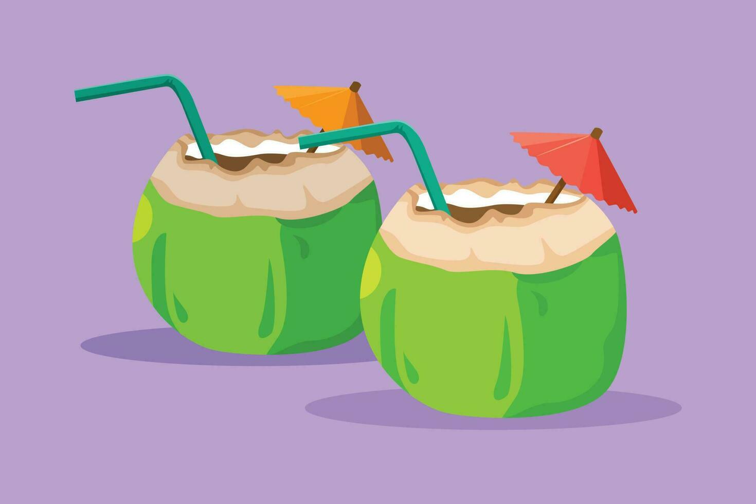 tekenfilm vlak stijl tekening twee groen kokosnoten met drinken rietje. voor folder, sticker, kaart, logo, symbool. verlicht dorst en uitdroging in zomer. gezond leven. grafisch ontwerp vector illustratie