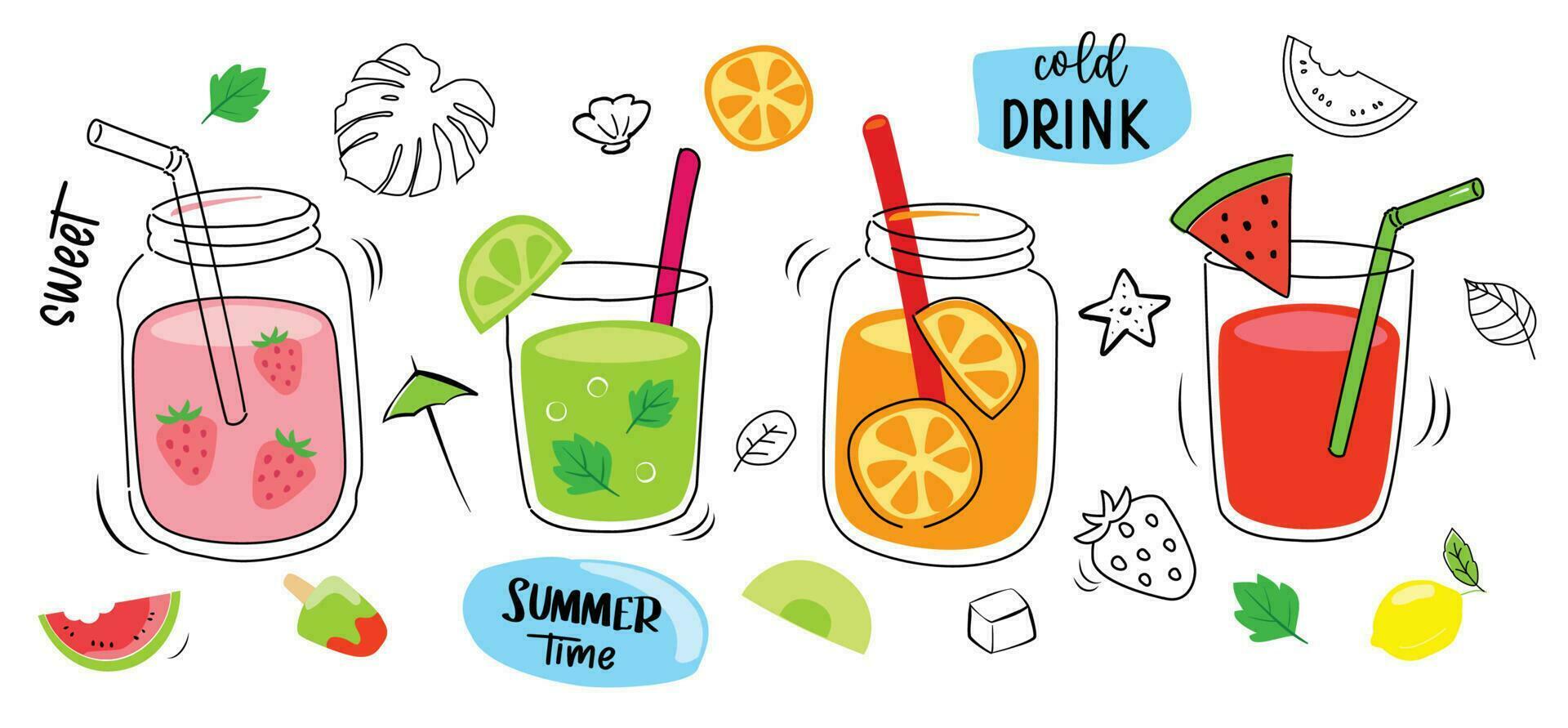 zomermenu met tropische drankjes. koude dranken met de hand getekende illustratie. fruitsmoothie, cocktails, alcoholische dranken. vector