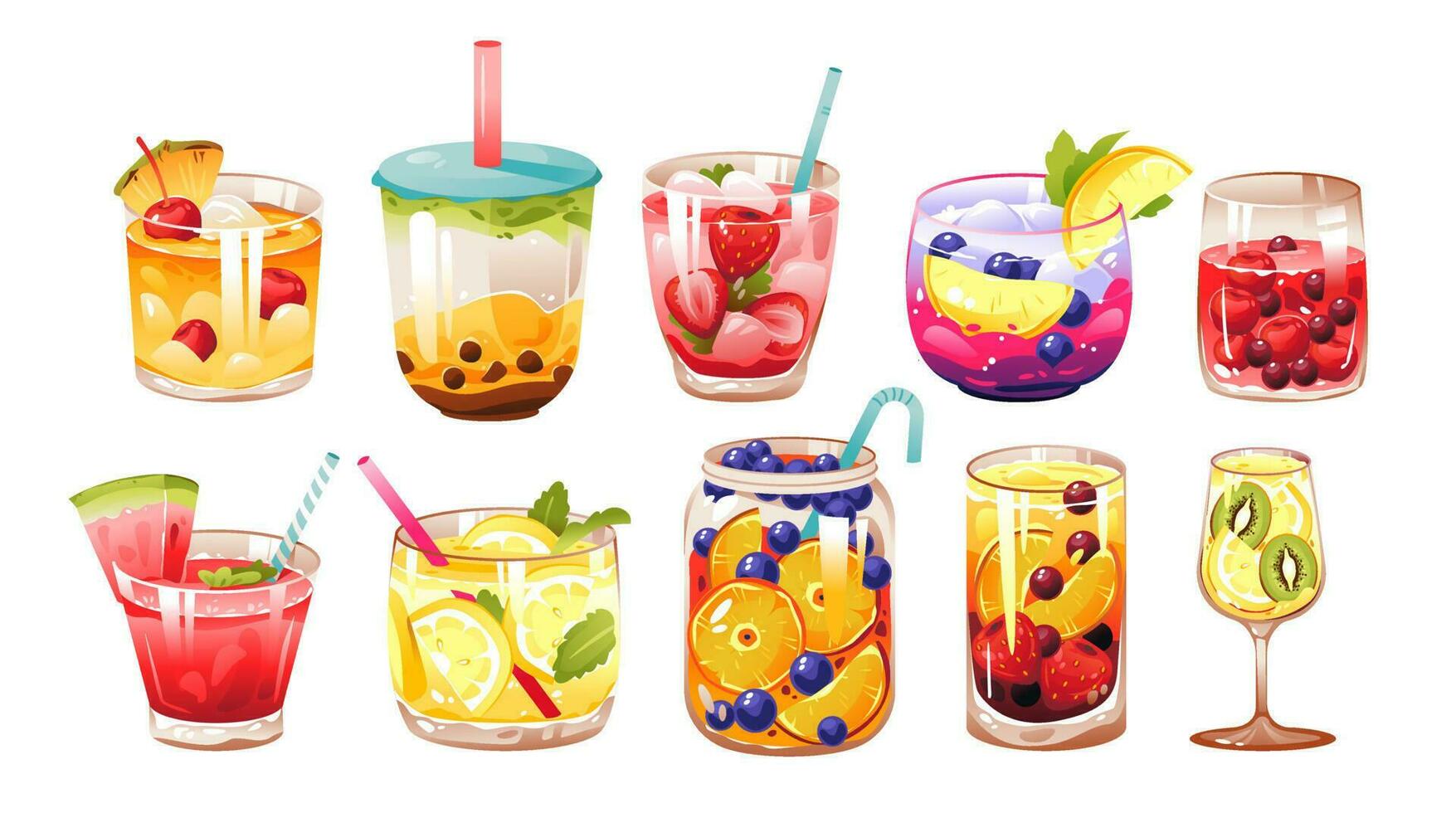 zomer cocktails en drankjes met fruit. verschillend smoothies. alcoholisch en niet alcoholisch dranken set. tekenfilm vector illustratie.