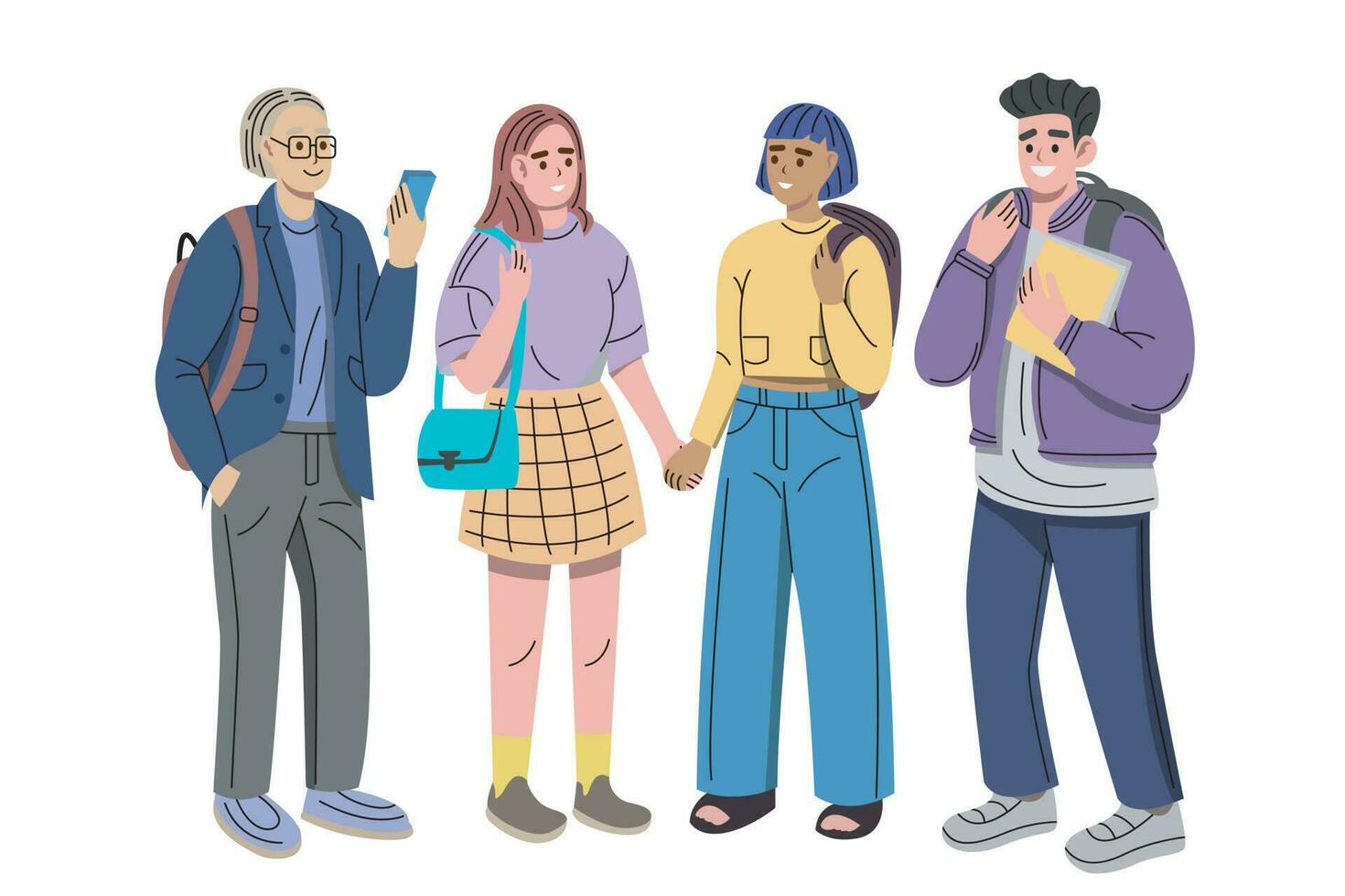 multicultureel studenten vlak vector illustratie. jong meisjes en jongens Holding boeken en mobiele telefoon geïsoleerd tekens Aan wit achtergrond. gelukkig tiener in gewoontjes kleren. tiener levensstijl.