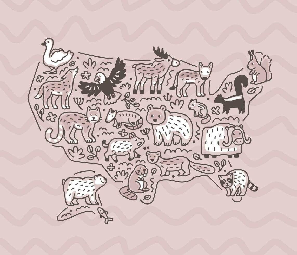 dieren van Verenigde Staten van Amerika Aan kaart. tekening stijl illustratie. schets schetsen. vector