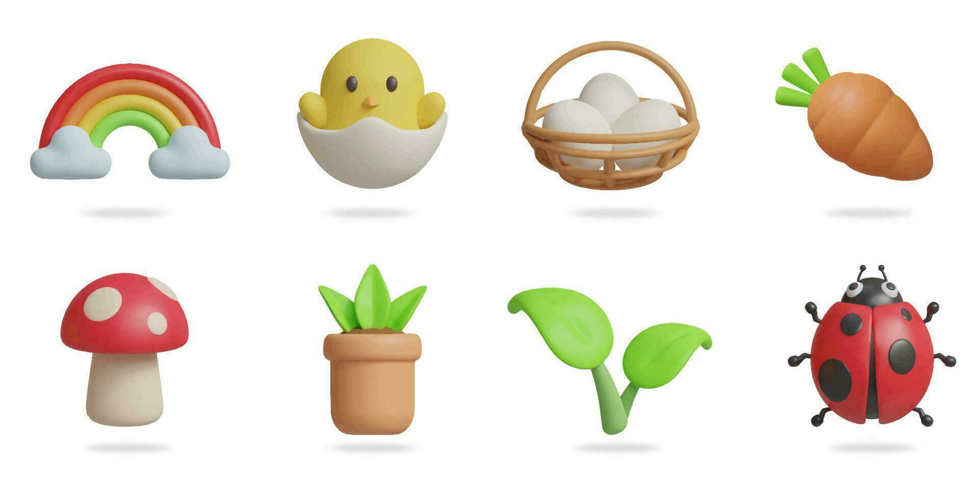 voorjaar 3d vector icoon set. regenboog, kind kip, ei mand, wortel, paddestoel, fabriek pot, blad, lieveheersbeestje