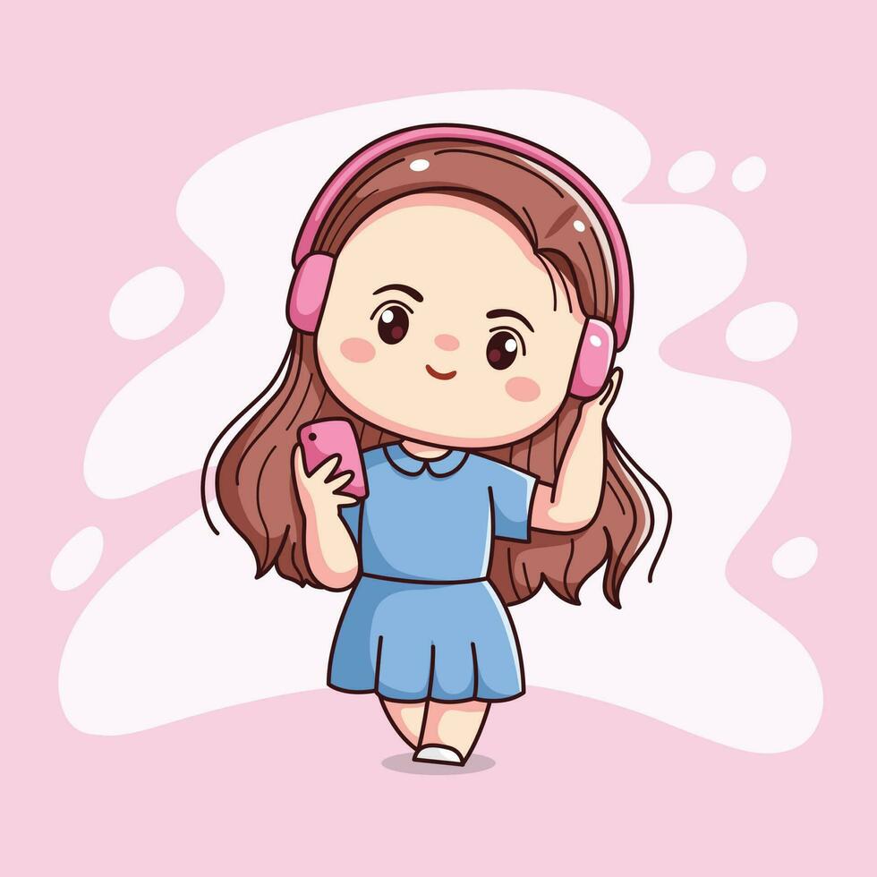 schattig gelukkig meisje met koptelefoon luisteren muziek- kawaii chibi vlak schets tekenfilm karakter vector