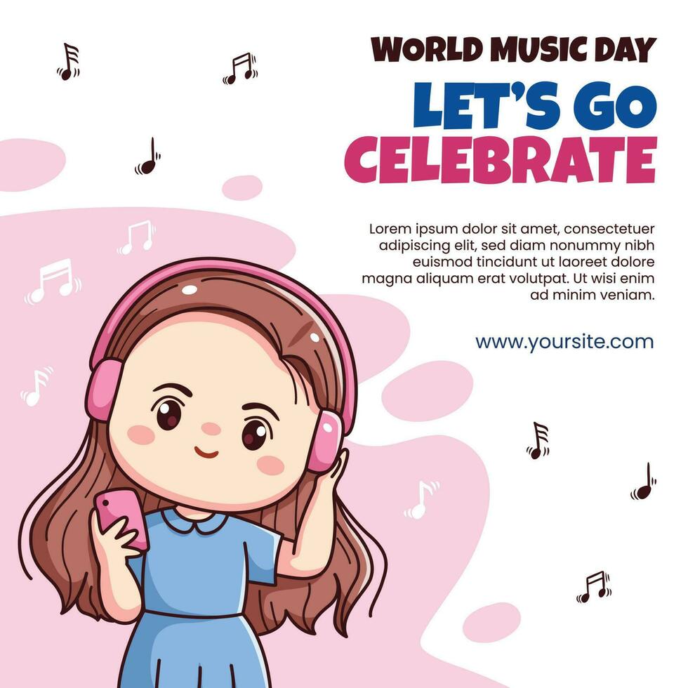 wereld muziek- dag instagram post schattig gelukkig meisje kawaii chibi karakter met koptelefoon sociaal media sjabloon vector