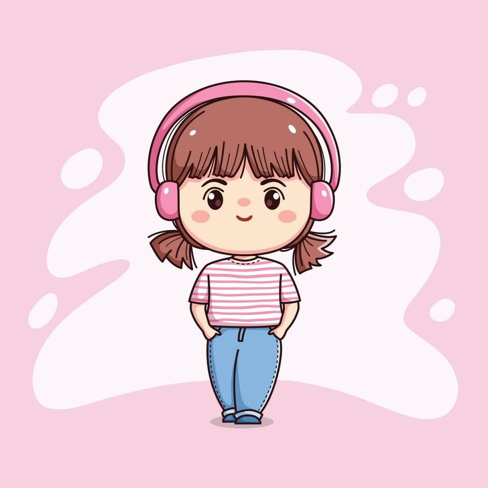 schattig gelukkig meisje met koptelefoon luisteren muziek- kawaii chibi vlak schets tekenfilm karakter vector