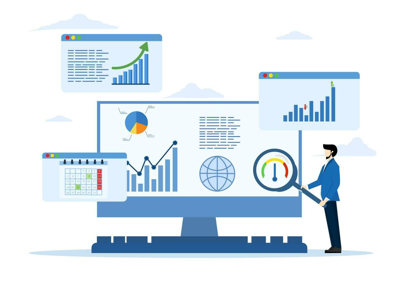 seo analyse concept of winst en omzet, markt Onderzoek gegevens analyse, bedrijf gegevens analyse of financieel rapporten, zakenman analist met vergroten glas analyse gegevens Aan computer laptop. vector