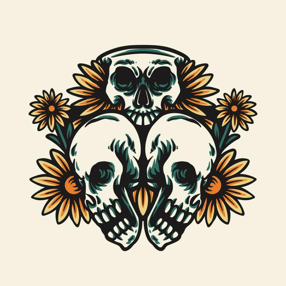 schedel en bloemen tatto retro vector illustratie