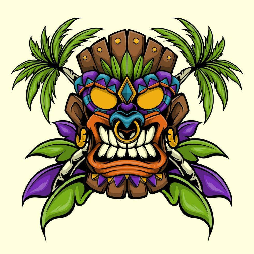 kleurrijk boos tiki hoofd met bladeren en palm boom vector illustratie voor logo, t-shirt, en sticker