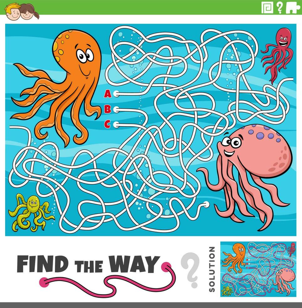 vind de manier doolhof spel met tekenfilm Octopus tekens vector