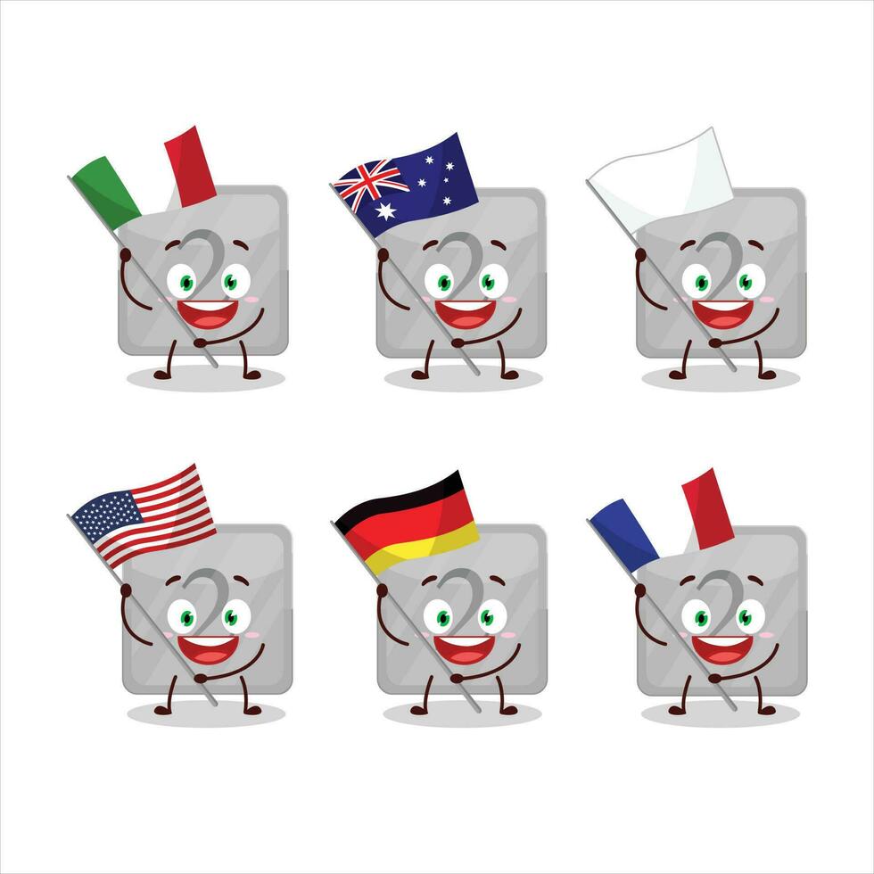 zilver eerste knop tekenfilm karakter brengen de vlaggen van divers landen vector