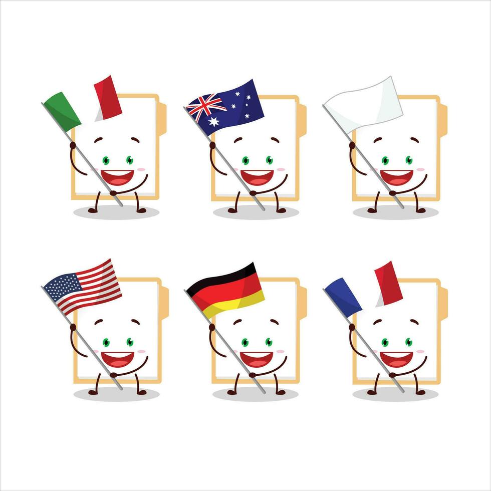 bruin manilla map tekenfilm karakter brengen de vlaggen van divers landen vector