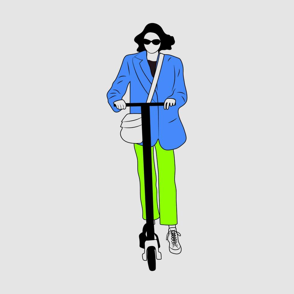 jong vrouw karakter met rugzak rijden modern stedelijk vervoer elektrisch trap scooter. actief hipster volwassen millennial toepassingen levensstijl ecologie technologieën. vector