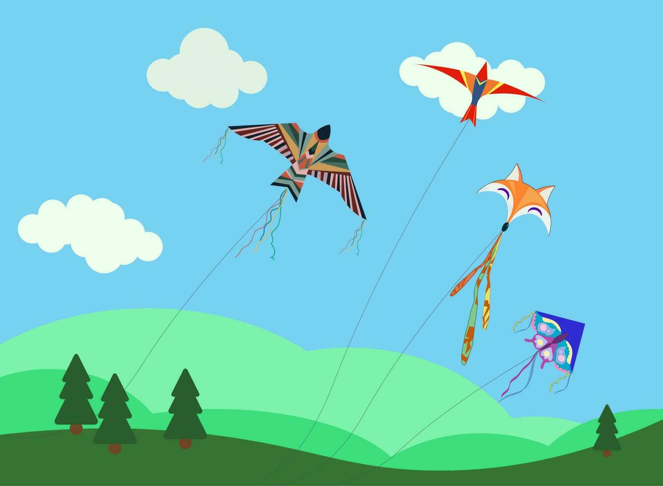 tekenfilm vliegers. wind vliegend speelgoed- met lint en staart voor kinderen. makar sankranti. vlinder, vos, adelaar vlieger vorm en ontwerp, vector set. illustratie wind vlieger spel, zomer vliegend speelgoed-