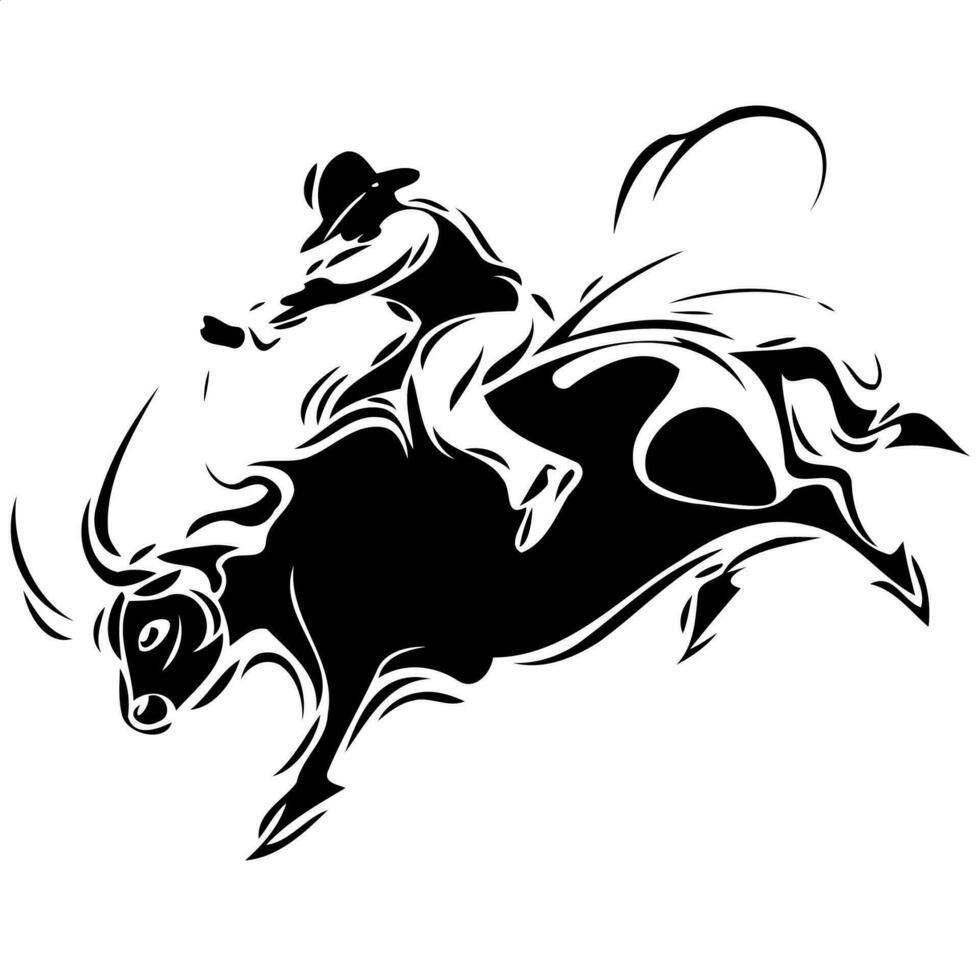 cowboy Mens rijden een stier Bij een rodeo stier rijden zwart en wit silhouet vector