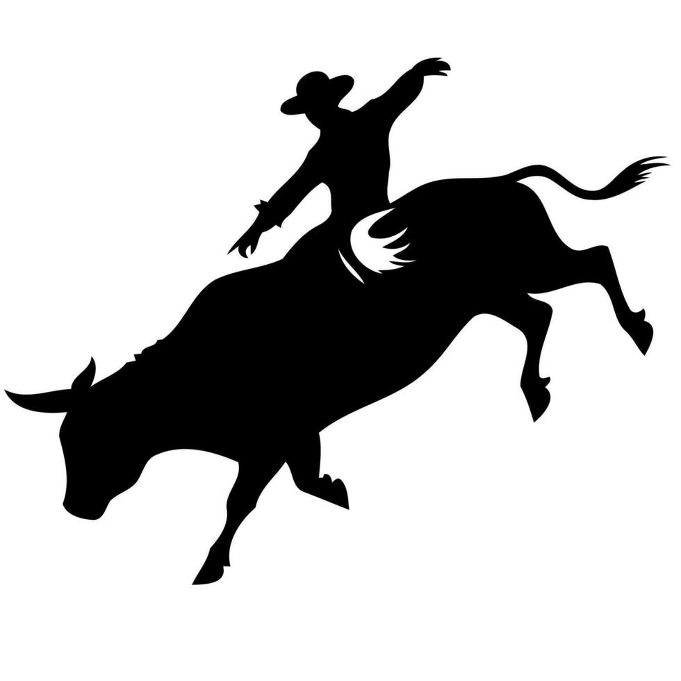 cowboy Mens rijden een stier Bij een rodeo stier rijden zwart en wit silhouet vector