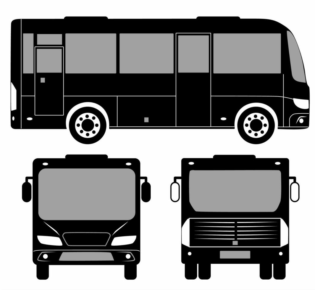 stad bus silhouet met. voertuig pictogrammen reeks de visie van kant, voorkant en achterzijde vector