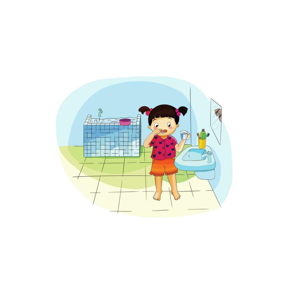 schattig tekenfilm gelukkig meisje borstel tanden in bad kamer tekenfilm geïsoleerd vector