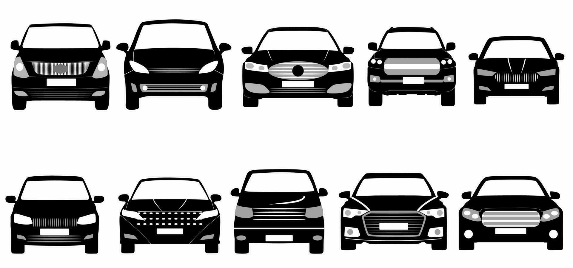 auto icoon set. voorkant Look. voertuig silhouet geïsoleerd Aan wit achtergrond vector
