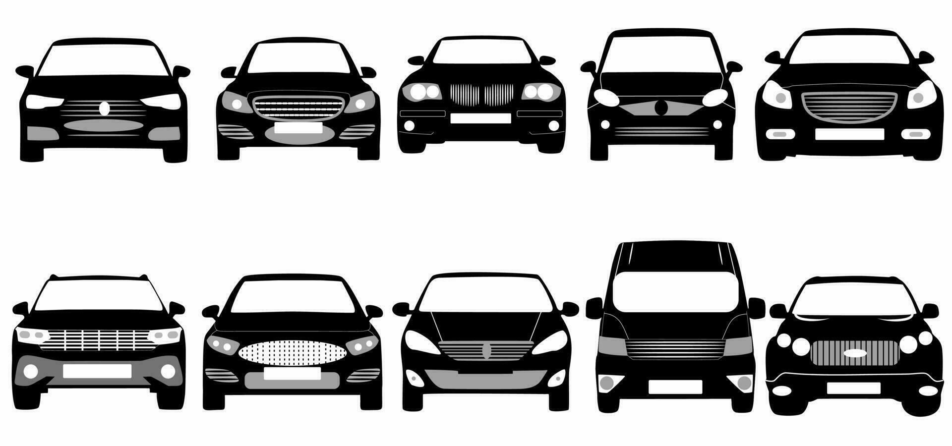 auto icoon set. voorkant Look. voertuig silhouet geïsoleerd Aan wit achtergrond vector