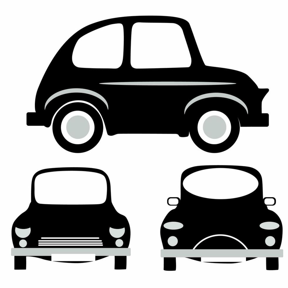 auto silhouet Aan wit achtergrond. voertuig pictogrammen reeks de visie van kant, voorkant, achterzijde en bovenkant, auto retro vector